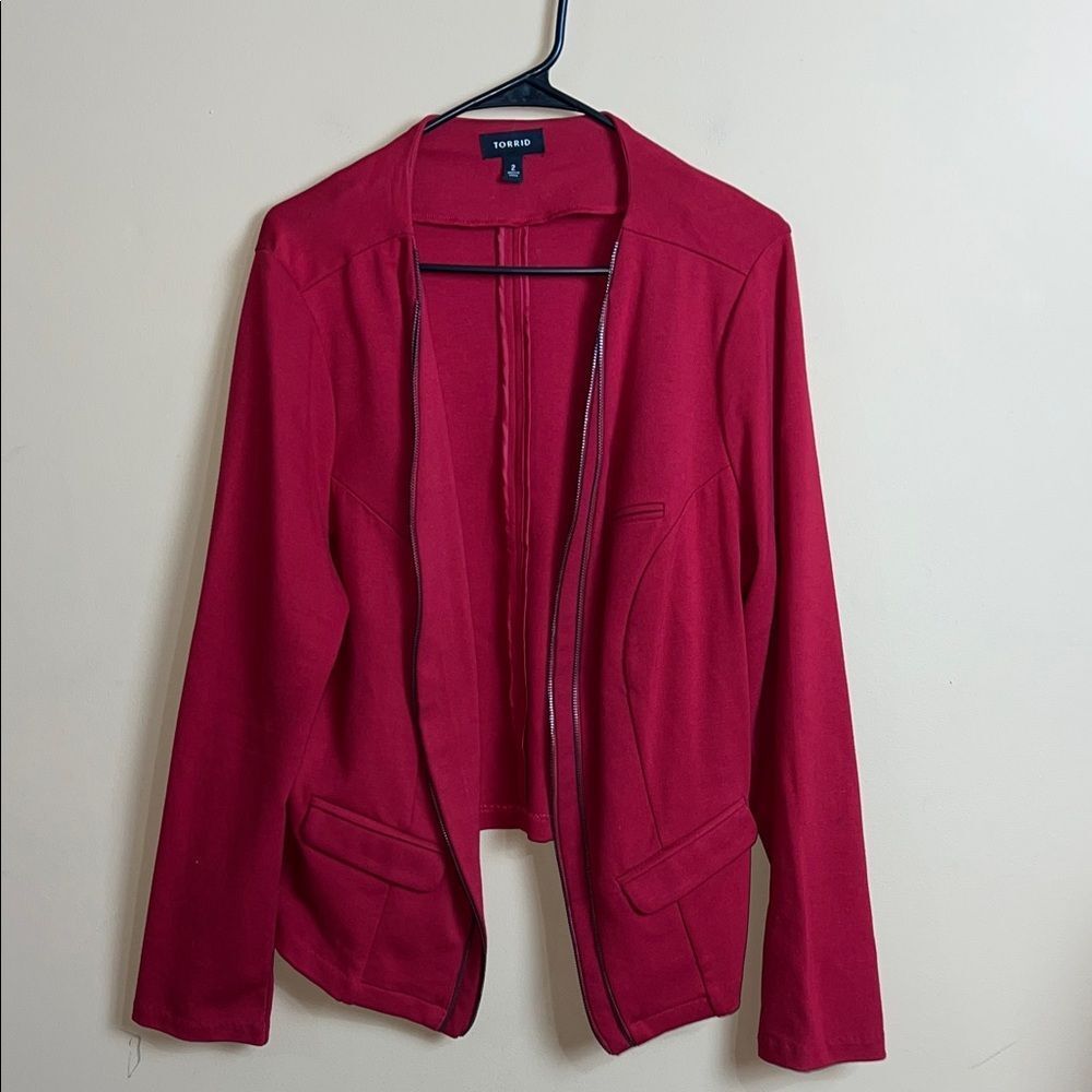 Torrid Women’s Size 2 Red Faux Zipper Moto Open Front Blazer Jacket